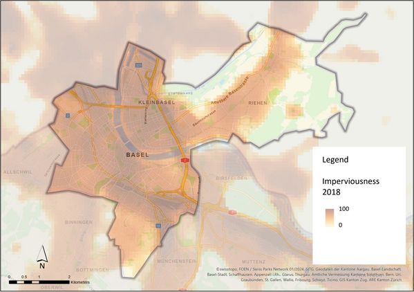 Click to enlarge Modelled index of sealed surface area (sealing), in 2018, average per 100 m x 100 m.