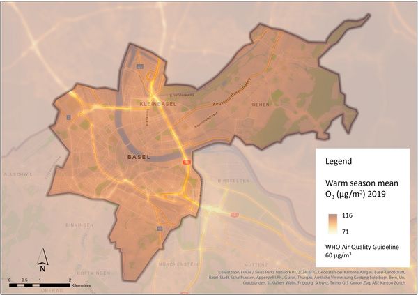 Click to enlarge Modelled ozone pollution (O3) in summer 2019, average value per 25 m x 25 m.