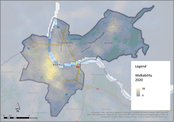 Click to enlarge Modelled accessibility index in 2020, average value per 100 m x 100 m.