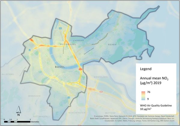 Click to enlarge Modelled NO2 pollution in 2019, annual average per 25 m x 25 m.