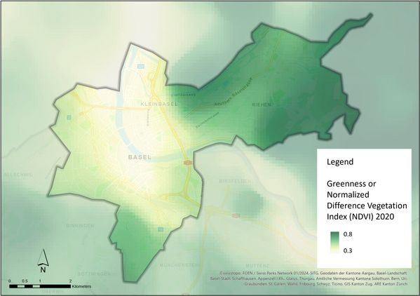 Click to enlarge Modelled green space index in 2020, average value per 250 m x 250 m.