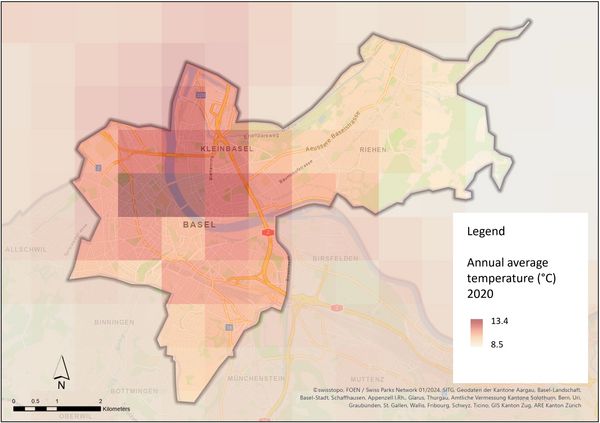 Click to enlarge Modelled temperature distribution in 2020, annual average per 1000 m x 1000 m.