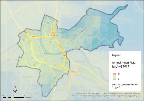 Click to enlarge Modelled fine particulate matter (PM2.5) pollution in 2019, annual average per 25 m x 25 m.